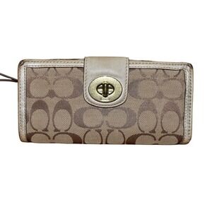 Coach Signature Brown Beige Canvas Leather Turnlock‎ Accordion Wallet